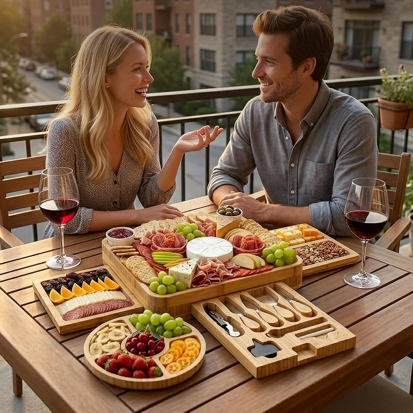 Zulay Kitchen Premium Bamboo Charcuterie Board - Extra Thick Bamboo Board with 4 Piece Knife Set - Perfect for Charcuterie, Wine and Cheese