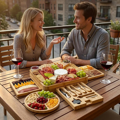 Zulay Kitchen Premium Bamboo Charcuterie Board - Extra Thick Bamboo Board with 4 Piece Knife Set - Perfect for Charcuterie, Wine and Cheese