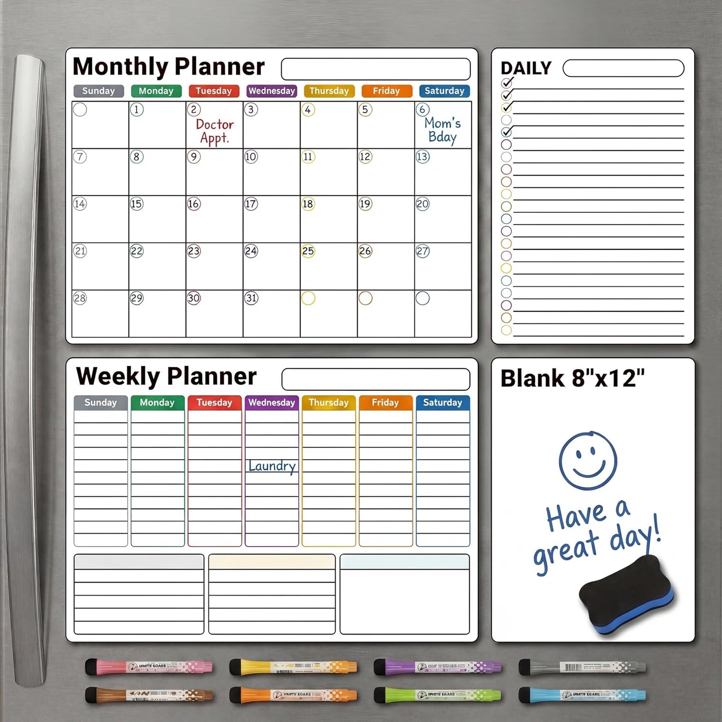 Magnetic Calendar for Refrigerator (3-Pack, Ships Flat) - 17"x12" Monthly, Weekly & Daily Planner with Lined Grids - Nano-Tech Dry Erase Board Fridge Whiteboard, 8 Markers & Eraser