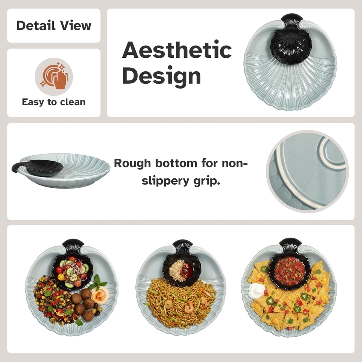 Servo Best Grey Ceramic Chip and Dip Platter, Shell Design Appetizer Serving Tray with Built-In Dip Bowl, Sectioned Snack Platter for Chips Salsa Veggies, Party Entertaining Serveware Gift