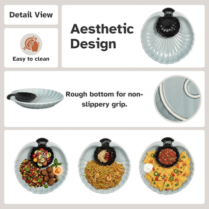 Servo Best Grey Ceramic Chip and Dip Platter, Shell Design Appetizer Serving Tray with Built-In Dip Bowl, Sectioned Snack Platter for Chips Salsa Veggies, Party Entertaining Serveware Gift
