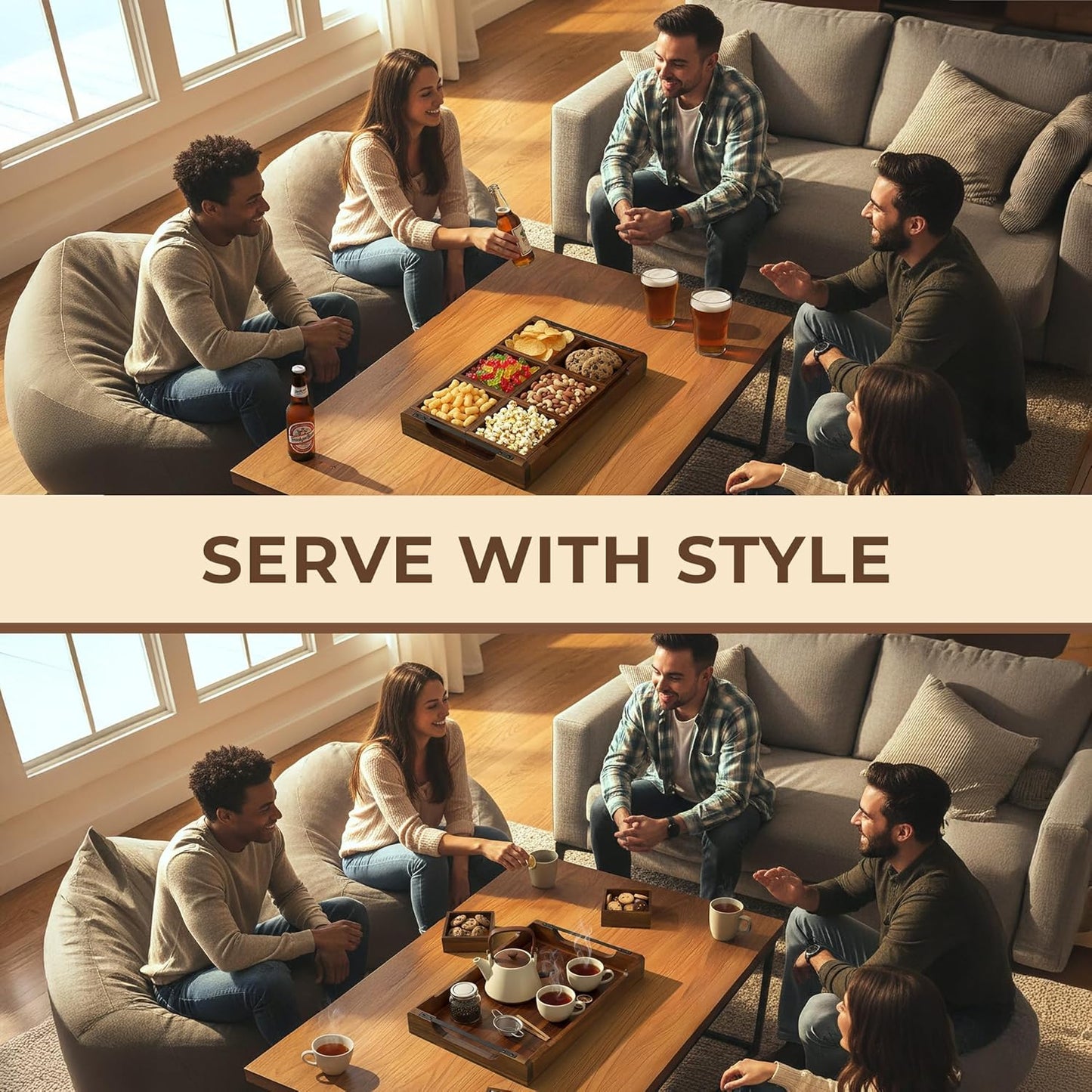 Modular Serving Tray - Acacia | Serving Platter Snack Tray for Party Hosting - Trays for Serving Food, Charcuterie, Fruit Platter Tray for Parties, Appetizer Dishes & Dessert Trays