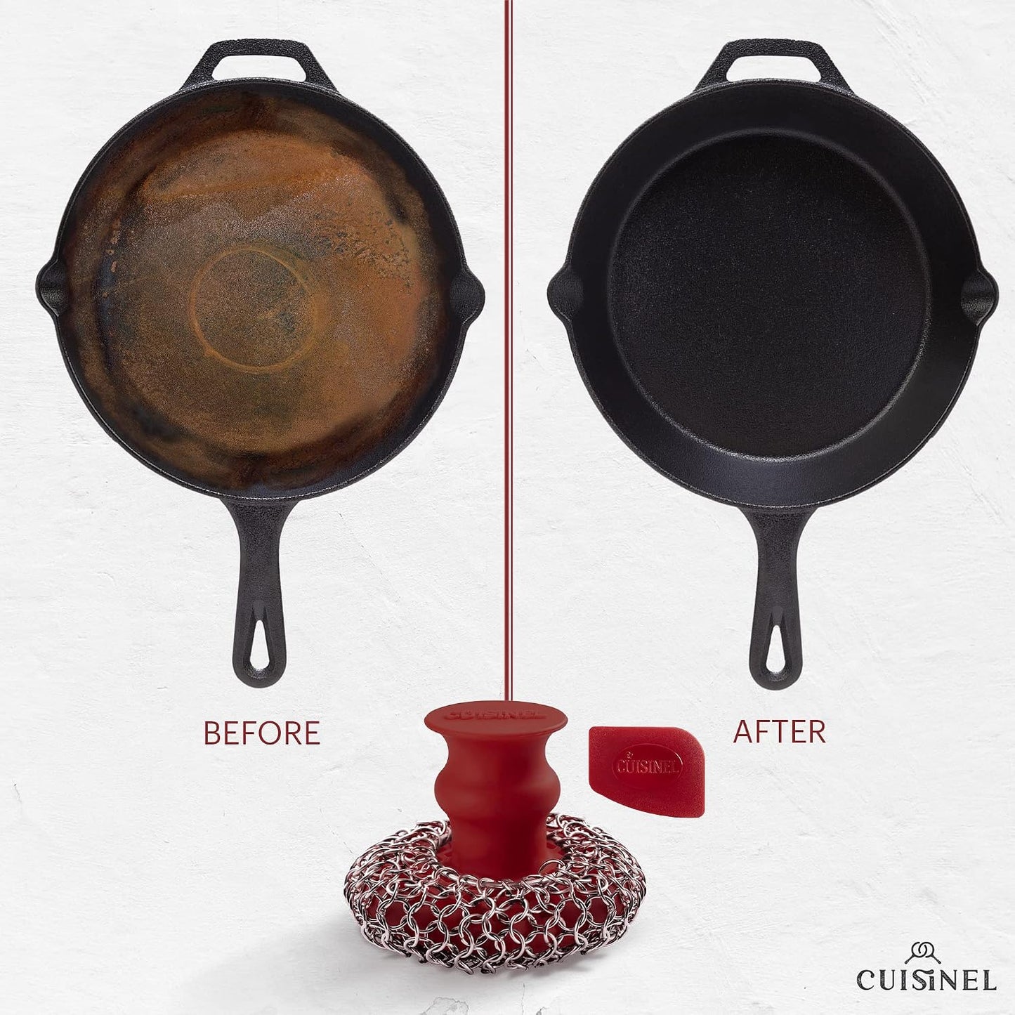 Cuisinel Cast Iron Scrubber Cleaning Brush + Pan/Grill Scraper - Skillet and Grill Cleaner Kit - Soft-Touch Confident-Grip Dish Scrub Tool - Tough on Grease, Gentle on Metal and Non-Stick Cookware