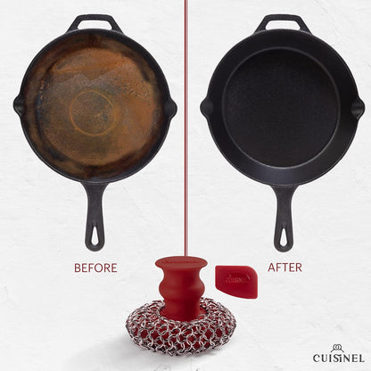 Cuisinel Cast Iron Scrubber Cleaning Brush + Pan/Grill Scraper - Skillet and Grill Cleaner Kit - Soft-Touch Confident-Grip Dish Scrub Tool - Tough on Grease, Gentle on Metal and Non-Stick Cookware