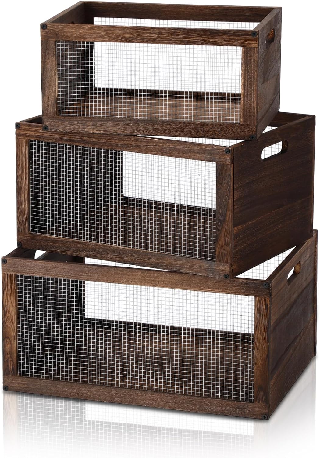 3 Pcs Wooden Countertop Baskets for Kitchen Bathroom, Easy Self-assembly Rustic Nesting Boxes with Handle and Wire Mesh, Multipurpose Wooden Crates for Fruit, Include Screws (3 Size,Dark Brown)