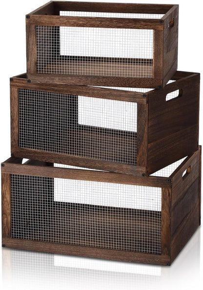 3 Pcs Wooden Countertop Baskets for Kitchen Bathroom, Easy Self-assembly Rustic Nesting Boxes with Handle and Wire Mesh, Multipurpose Wooden Crates for Fruit, Include Screws (3 Size,Dark Brown)