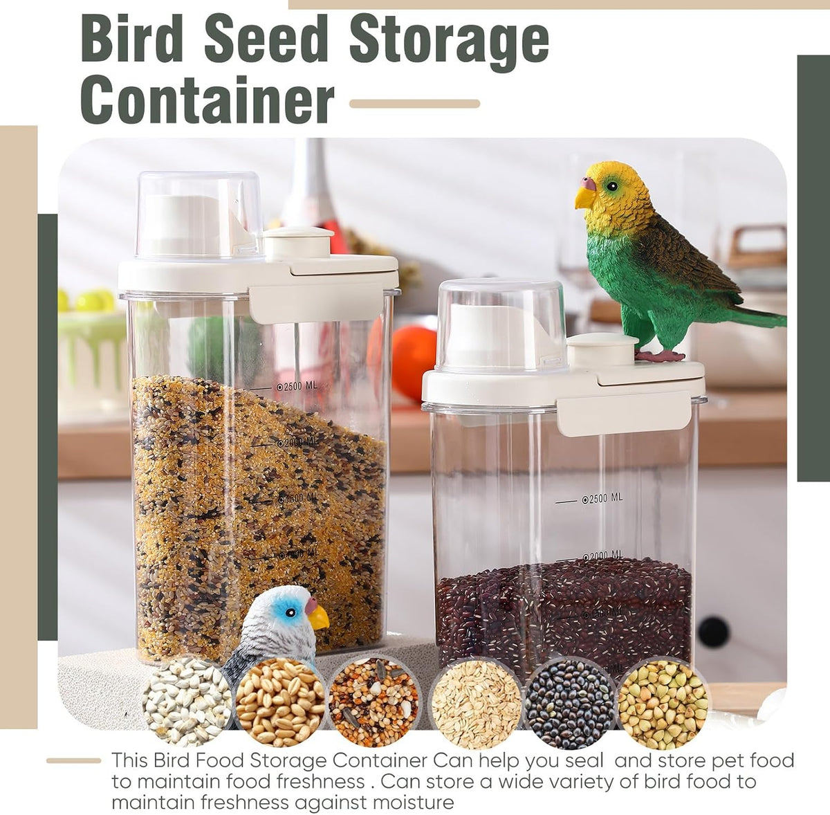 Maxdot 2 Pcs Bird Seed Storage Container 3 Qt/2.8 L with Tight Lids Airtight Cup Pet Food Storage Measuring Containers Lids with Pouring Spouts for Macaws African Grey Cockatoos (Beige)