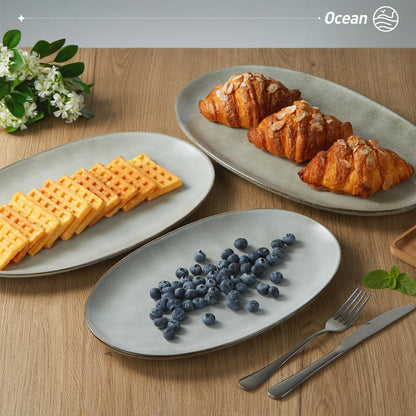 famiware Serving Platter, Oval 15.59/14.3/12.9inch Serving Dishes for Entertaining, Serving Bowls, Microwave Safe, Stoneware Serving Trays for Party, Food, Turkey, Cheese, Ocean Series, Vanilla White