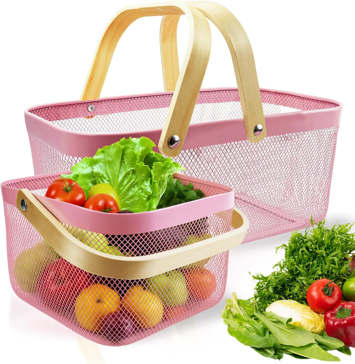 Cheardia 2 Pack Picnic Baskets, Metal Mesh Harvest Basket with Foldable Wooden Handle, Rectangle Garden Storage Basket Bin for Vegetable Fruit Garden Kitchen Cabinet Picking Gathering