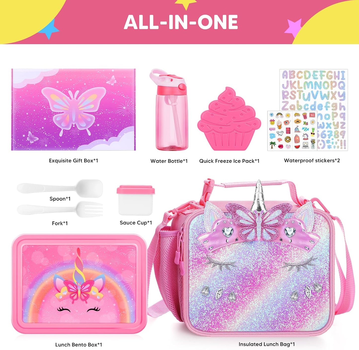 JYPS Lunch Box for Girls-Insulated Lunch Bag,Kids Bento Box with 6 Compartment,Water Bottle,Ice Pack,Salad Container,Perfect Lunch Container for Kids and Toddlers Back to School Age 7-15(Purple M)