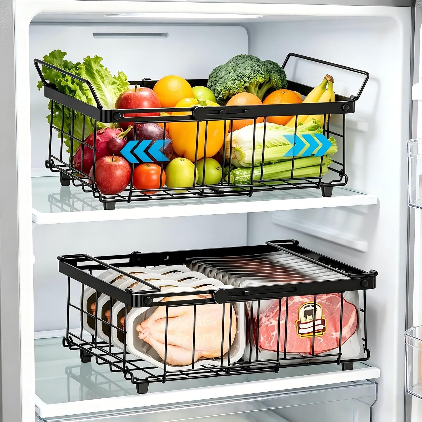 Freezer Organizer Bins 6 Pack: Wire Basket Stackable Storage Containers Expandable 11.81" to 17.72" with Foldable Handles for 5+ Cu.FT Fridge Cabinet Shelves Pantry Kitchen White