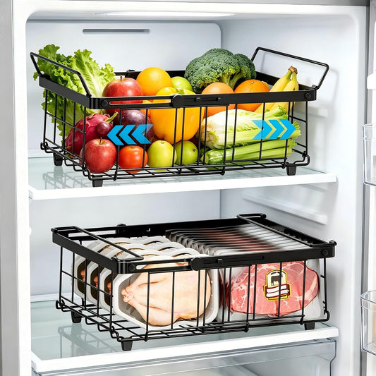 Freezer Organizer Bins 6 Pack: Wire Basket Stackable Storage Containers Expandable 11.81" to 17.72" with Foldable Handles for 5+ Cu.FT Fridge Cabinet Shelves Pantry Kitchen White