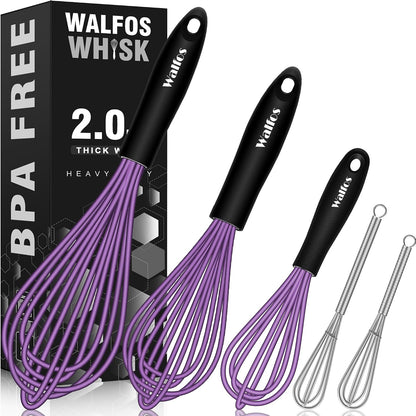 Walfos Silicone whisk,Whisks for Cooking Non Scratch, BPA Free whisk set of 4, 7+9+11in Balloon Whisks & 11in Flat Whisk, Heat Resistant(480°F).Great for Cooking in Pans, Baking, Whisking.Blue