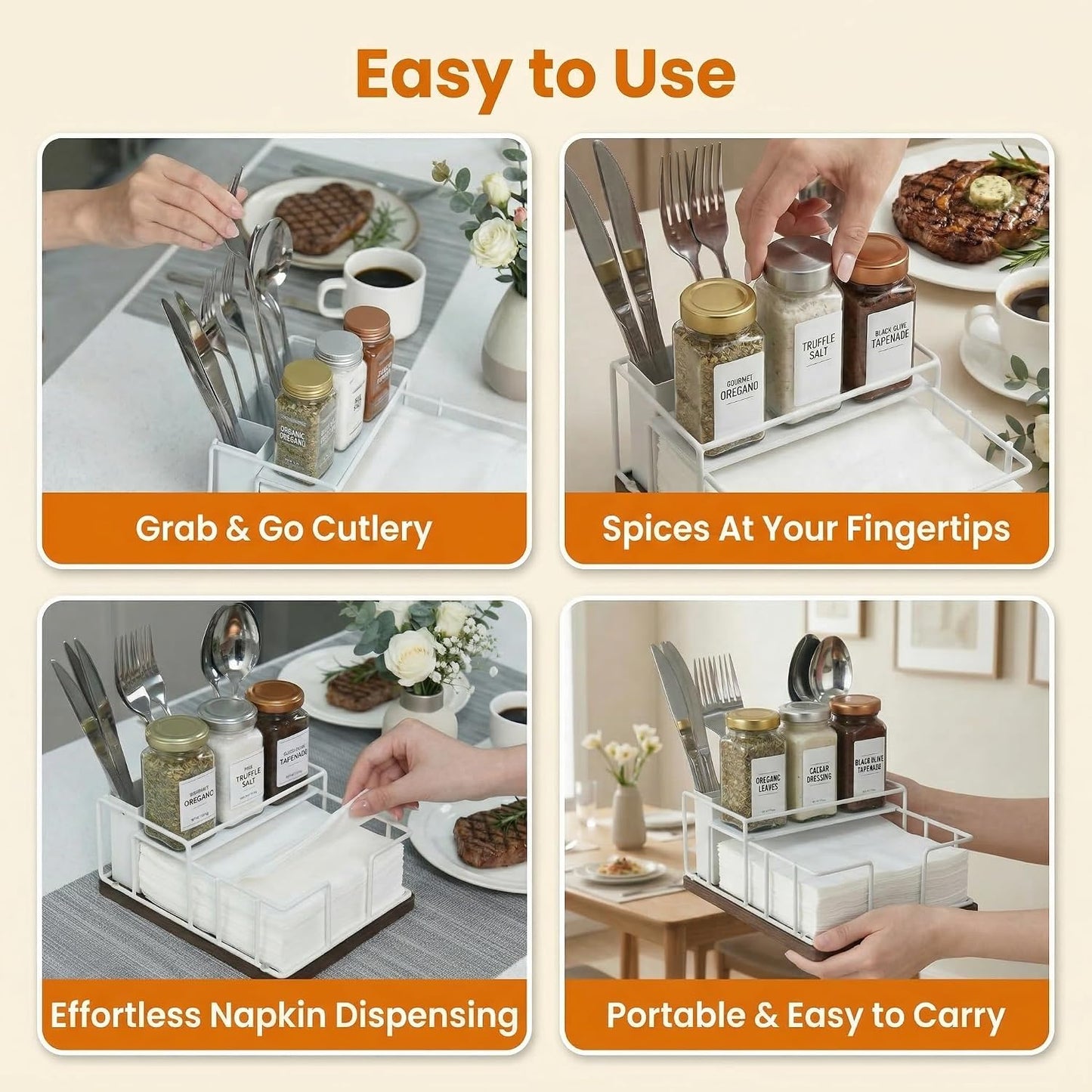 Napkin Holder for Table, 3-in-1 Wood & Metal Utensil Caddy, Cutlery Organizer & Spice Rack for Kitchen Counter, Dining, Outdoor Patio (Black)