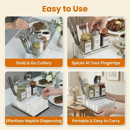Napkin Holder for Table, 3-in-1 Wood & Metal Utensil Caddy, Cutlery Organizer & Spice Rack for Kitchen Counter, Dining, Outdoor Patio (Black)