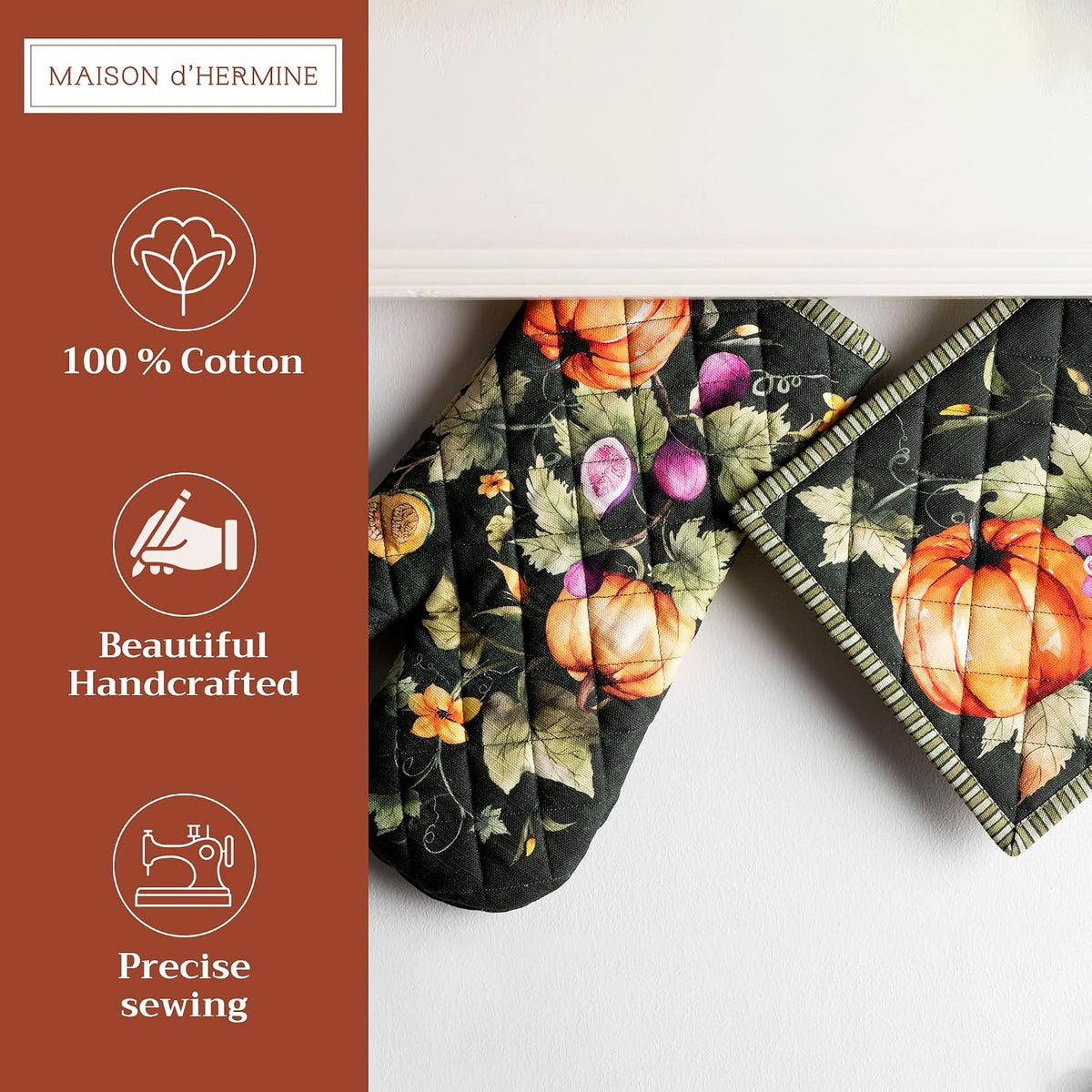 Maison d' Hermine 100% Cotton Oven Mitt & Pot Holder Set (7.5"x13" & 8"x8") - Colors C