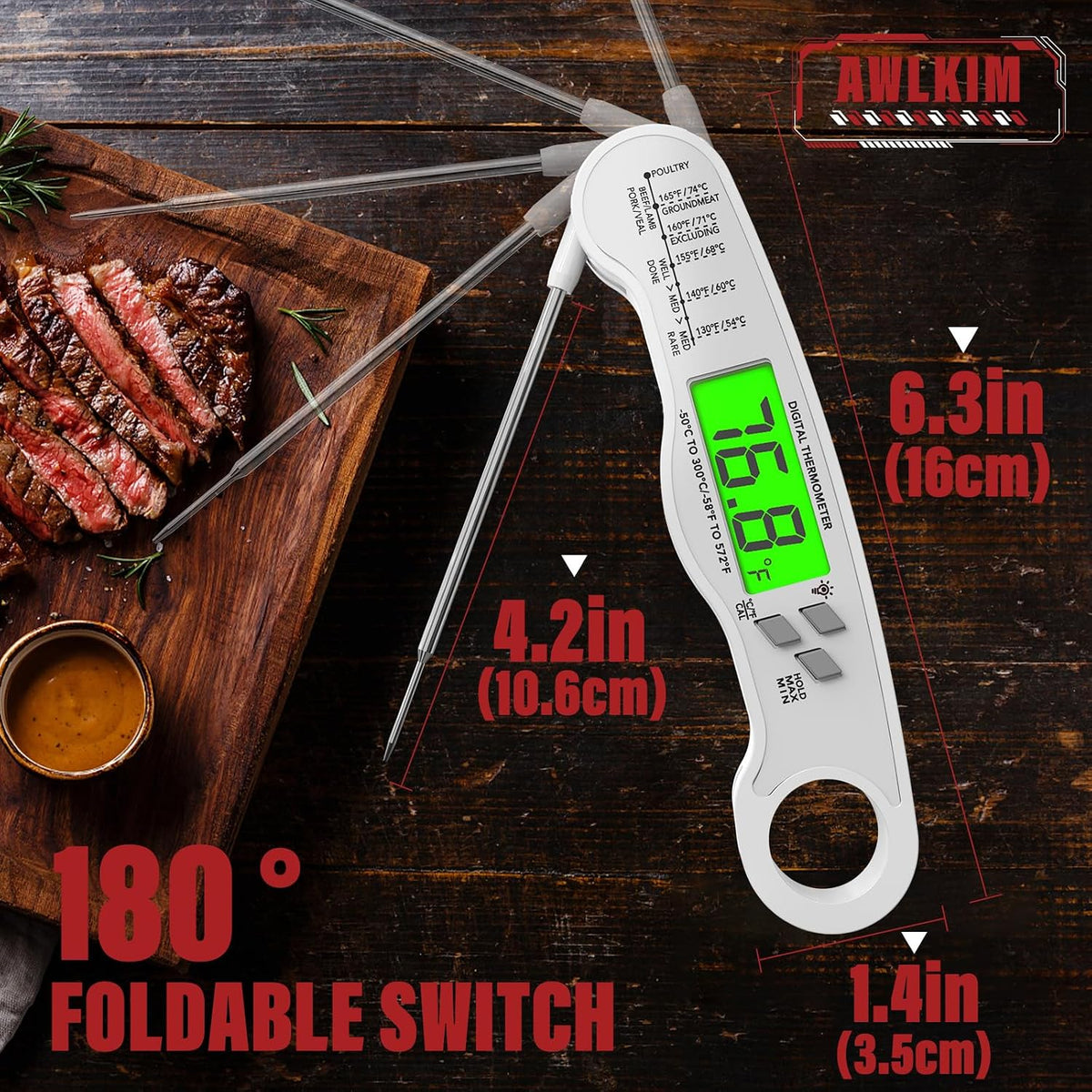 AWLKIM Meat Thermometer Digital, Instant Read Food Thermometer, Red