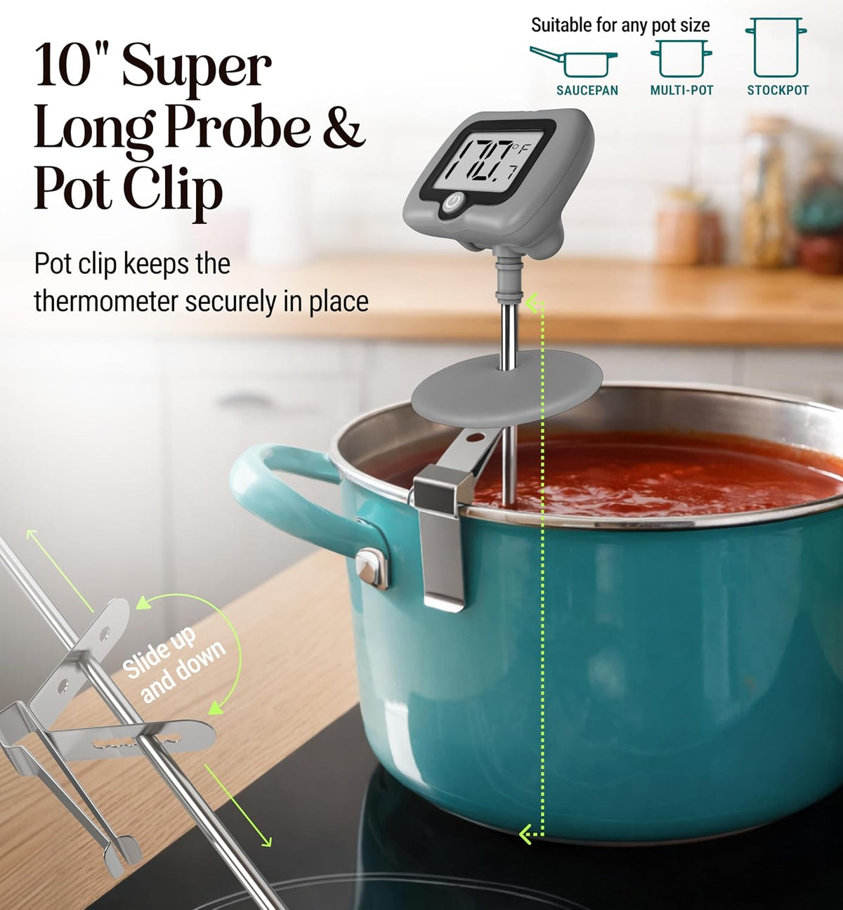 Digital Candy Thermometer with Pot Clip, 10" Long Stainless Steel Probe, Instant Read Kitchen Thermometer for Cooking, Baking, and Candy Making