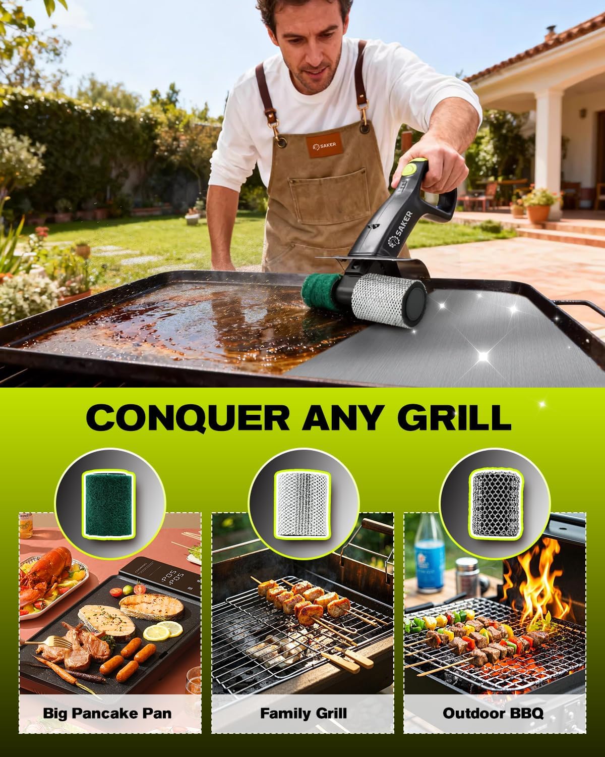 Saker Electric Grill Brush for Outdoor Grill, Bristle-Free Automatic Grill Cleaning Brush with 450 RPM & LED Light, Grill Rescue BBQ Brush Set with 3 Interchangeable Heads