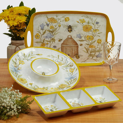 Bee Sweet 3-Piece Melamine Serveware Set – Includes 14.5" Chip & Dip, 14.5"x5.75" 3-Section Tray & 19"x8" Platter with Bee & Floral Designs for Spring Entertaining & Outdoor Dining