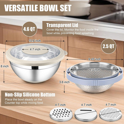 HaWare Mixing Bowl with Colander, 4-1 Stainless Steel Bowl Set with Lids & 3 Pcs Nesting Graters, Rotatable Food Strainer for Rinsing Fruits Vegetables, Non-Slip Bottom, Black