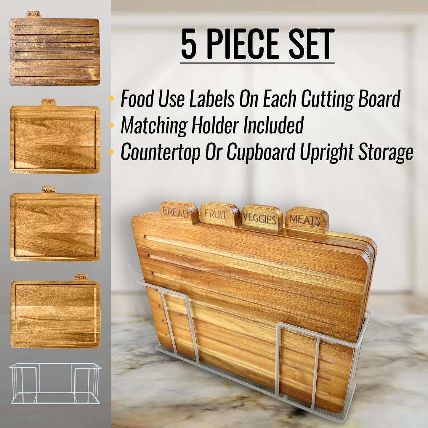 Acacia Cutting Boards for Kitchen with Holder 13" x 11" x 2.5" | Labeled Wood Cutting Board Sets | Large Wooden Cutting Board Set of 4 with Black Organized Stand | Non Toxic Chopping Board