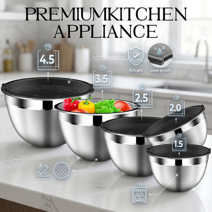 DUTZUN Mixing Bowls with Lids Set - 16pcs Stainless Steel Mixing Bowl Set with Colander, 3 Grater Attachments, Non-Slip Bottom, Metal Nesting Bowls with Strainer for Mixing & Serving - Black