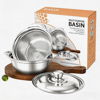 3-in-1 Stainless Steel Colander with Bowl Set – 11.4 Inch Large Fruit Washing Basket & Food Strainer, Multifunctional Drain Basket for Kitchen, Pasta, Vegetable, Rice