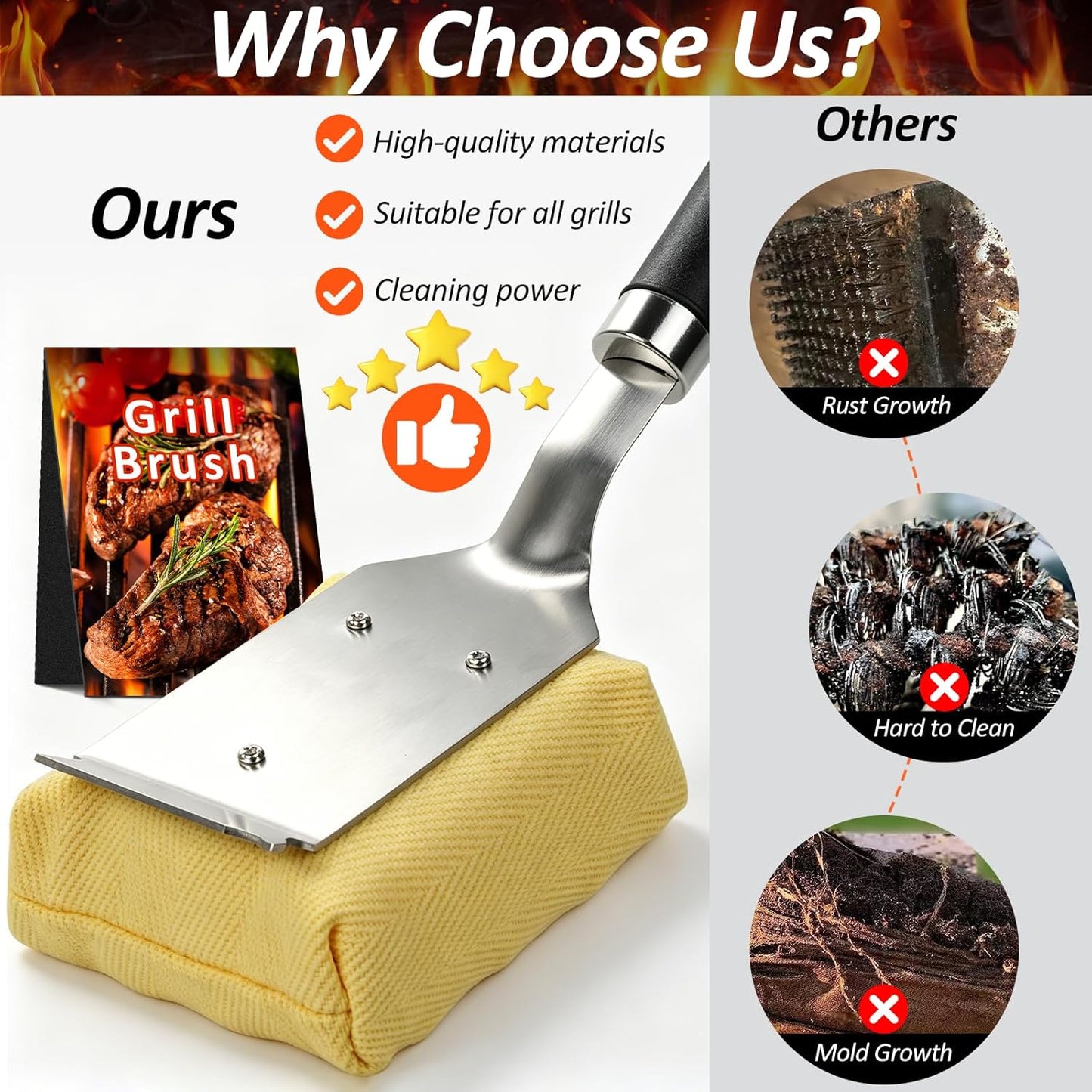 TNTOR Grill Brush Bristle Free with Scraper, 2 Removable BBQ Clearning Brush Head and 18" Handle BBQ Grill Brush for Outdoor Grill, Grill Tools for Grill/Smoker/Gas/Charcoal, Grill Gifts for Dads