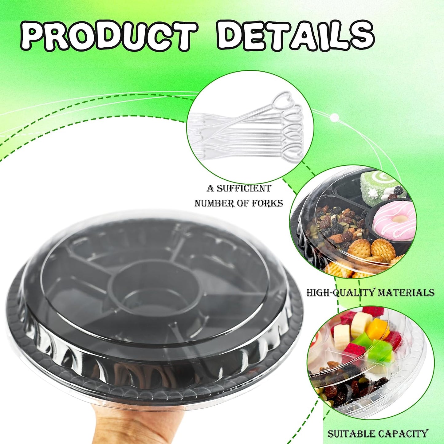 20 Pack Plastic Appetizer Trays with Lid Disposable Serving Platters with 100 Forks 6 Divided Round Plastic Tray for Veggie Fruit Snack Party and Buffet Catering Trays, 10 Inch, 2 Colors