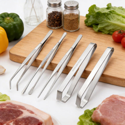 5Pcs Stainless Steel Kitchen Tweezers Tongs Set, Precision Fine Tip Cooking Tongs for Plating, Grilling, Seafood, BBQ- Professional Chef Tools (Different Sizes & Tips)