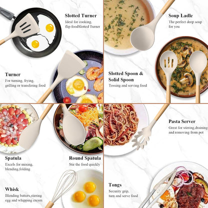 HaWare Silicone Cooking Utensils Set, 10-Piece Chef Kitchen Non-Stick Cookware with Wooden Handle, 450°F Heat Resistant - Khaki