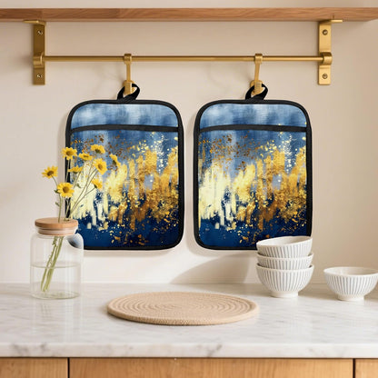 Abstract Black White and Gold Pot Holders 2 Pack Set, Black and Gold Kitchen Decor, Modern Boho Abstract Luxury Marble Heat Resistant Oven Hot Pads for Kitchen Countertop Baking