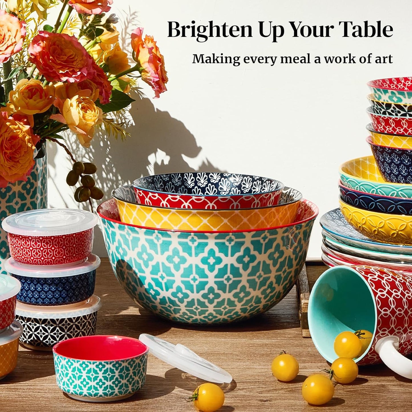 DOWAN Mixing Bowls, Ceramic Mixing Bowls for Kitchen, Colorful Vibrant Nesting Bowls for Cooking, Baking, Prepping, Serving, Salad, Housewarming Gift, Microwave Dishwasher Safe, 3.7/2/1 Qt, Set of 3