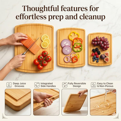 Bamboo Cutting Board Set of 4, Large Cutting Boards for Kitchen, Wood Cutting Board with Juice Groove Side Handles, Wooden Cutting Board for Kitchen, Meat Chopping Board Meal Prep, Serving Charcuterie