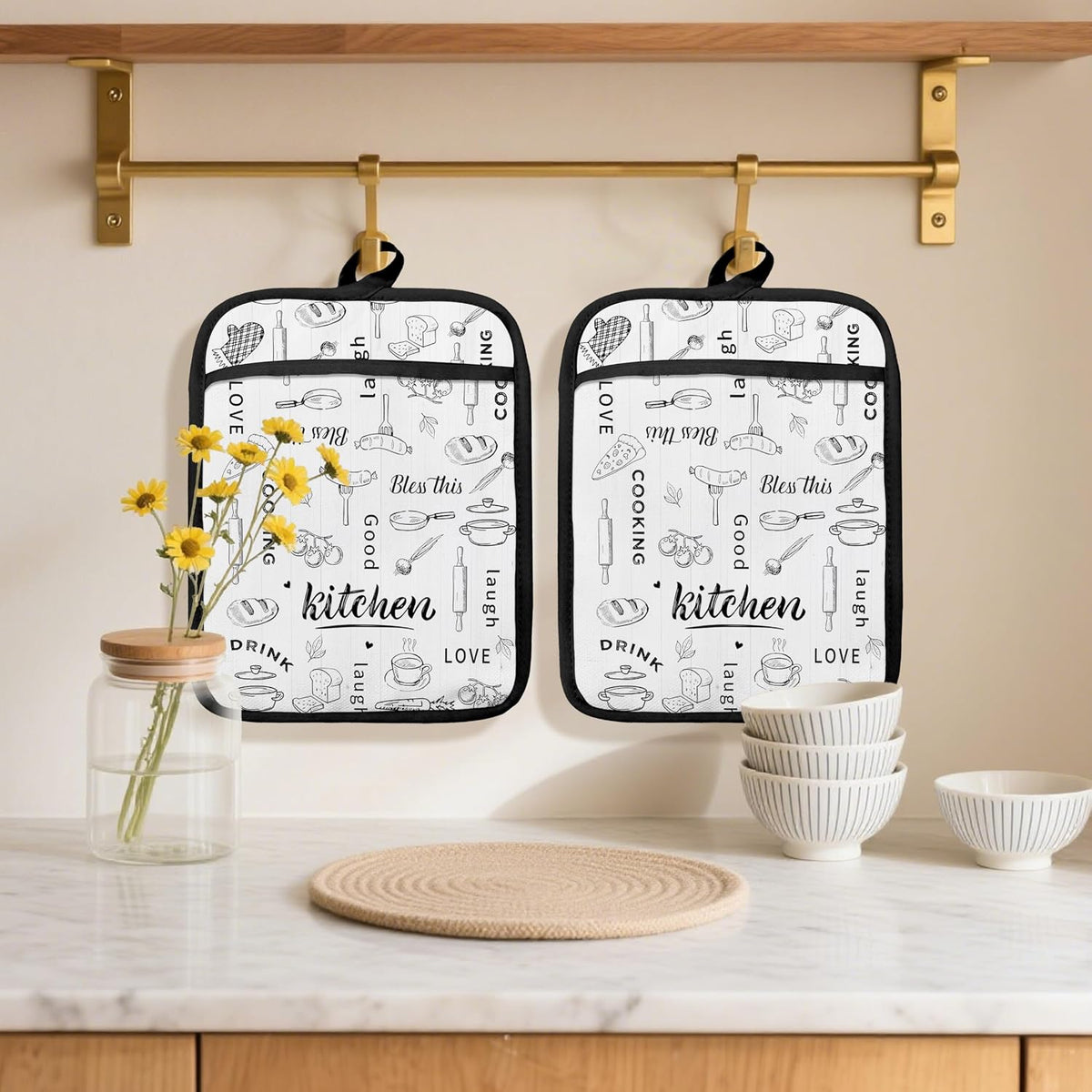 Dark Kitchen Pot Holders 2 Pack Set, Gifts for Cooking Lovers, Chef Gifts for Men Women, Retro Cook Chef Heat Resistant Oven Hot Pads for Kitchen Countertop Baking，075 Potholder