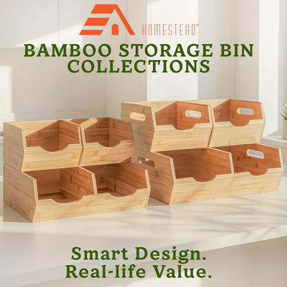 HOMESTEAD 3-Tier Bamboo Pantry Storage Bins – Stackable Potato & Onion Storage Bin with Handles, Fruit Basket & Produce Organizer for Kitchen Countertop, Pantry Organization, Set of 5