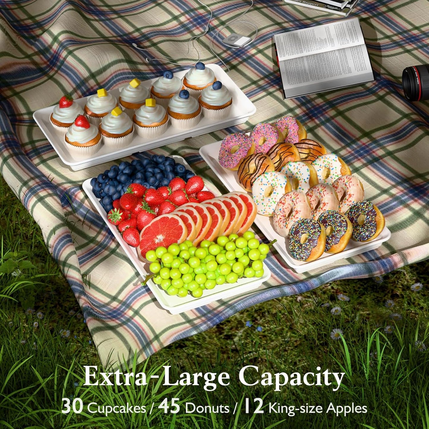 3-Tier Melamine Serving Tray Set, 11.5" x 5.6" Platters for Serving Food, Black Reusable Trays with Black Metal Display Stand for Cupcakes, Sevring Food, Dessert, Fruit, Cookie, Gold