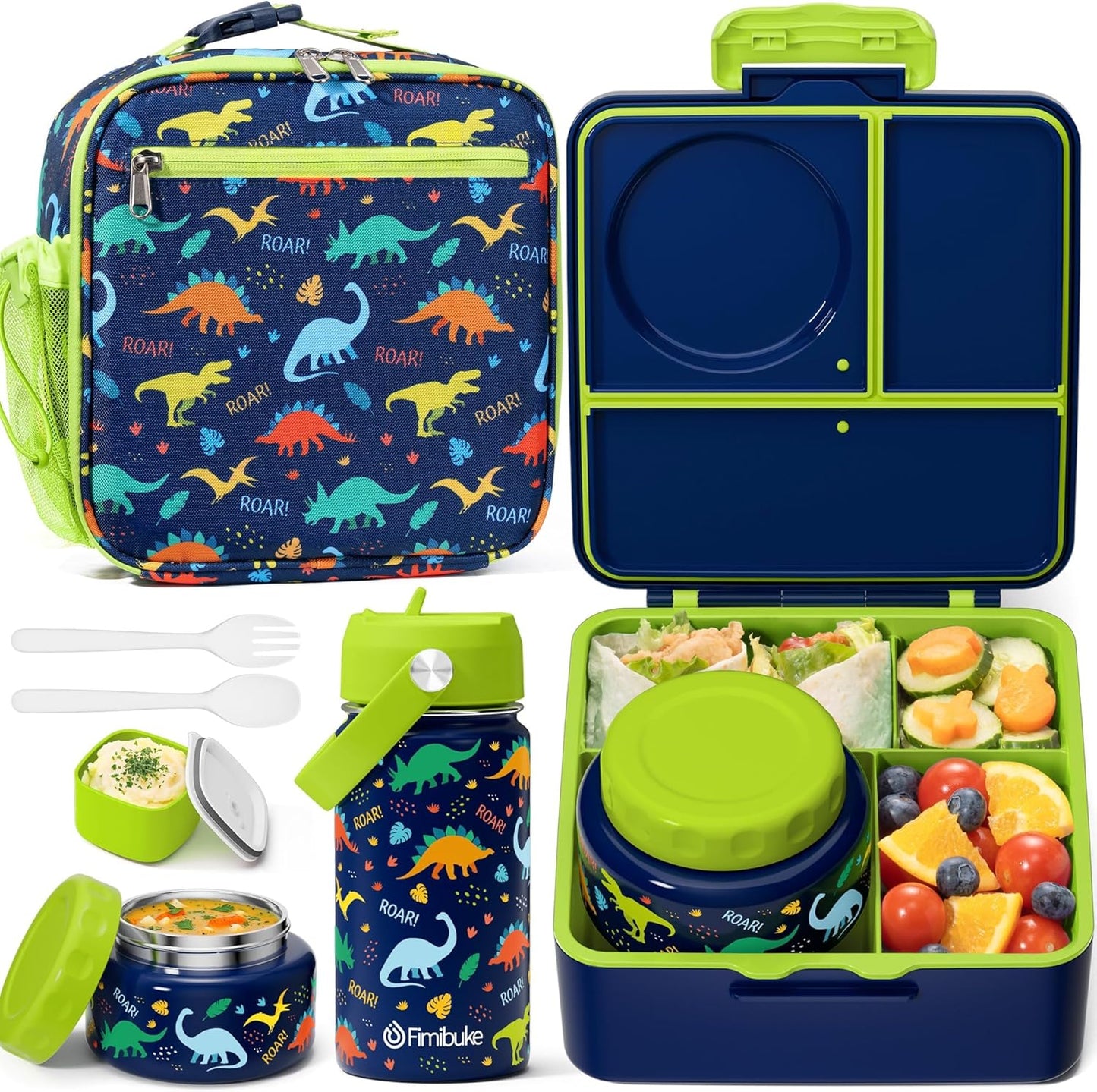 Fimibuke Kids Bento Lunch Box with Thermo, Leakproof Toddler Bento Box with 8.5 OZ Insulated Food Jar, Lunch Bag, Kids Water Bottle, 3 or 4 Compartment Container for Back to School Toddler Girls Boys