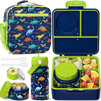 Fimibuke Kids Bento Lunch Box with Thermo, Leakproof Toddler Bento Box with 8.5 OZ Insulated Food Jar, Lunch Bag, Kids Water Bottle, 3 or 4 Compartment Container for Back to School Toddler Girls Boys