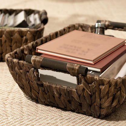 StorageWorks Hand-Woven Storage Baskets with Wooden Handles, Water Hyacinth Wicker Baskets for Organizing, 2 Pack