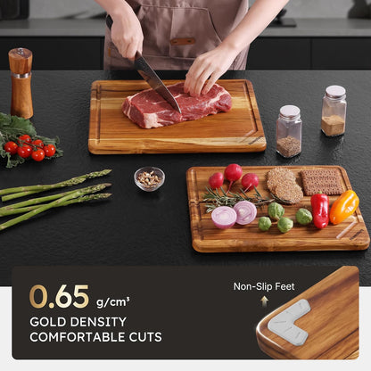 3 Pack Teak Wood Cutting Board Set for Kitchen Charcuterie Board Serving Heavy Duty Non Toxic Slip Hardwood Over Sink Solid Thick Haus Wooden Chopping Board Large Big Small Meat Best Essential Gift