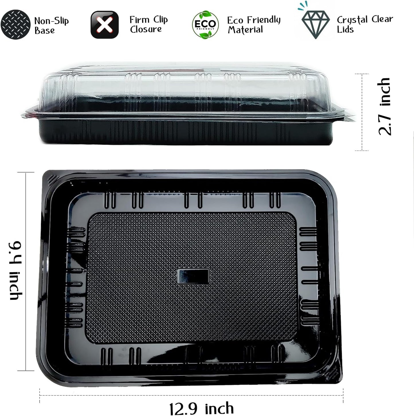 TRAYA Pack of 10 Serving Tray with lid - Reusable Catering Trays with Lids 13inch Long for Meal Prep, Cakes, Treats and Sandwiches (15.35 × 11.42 × 2.95inch)