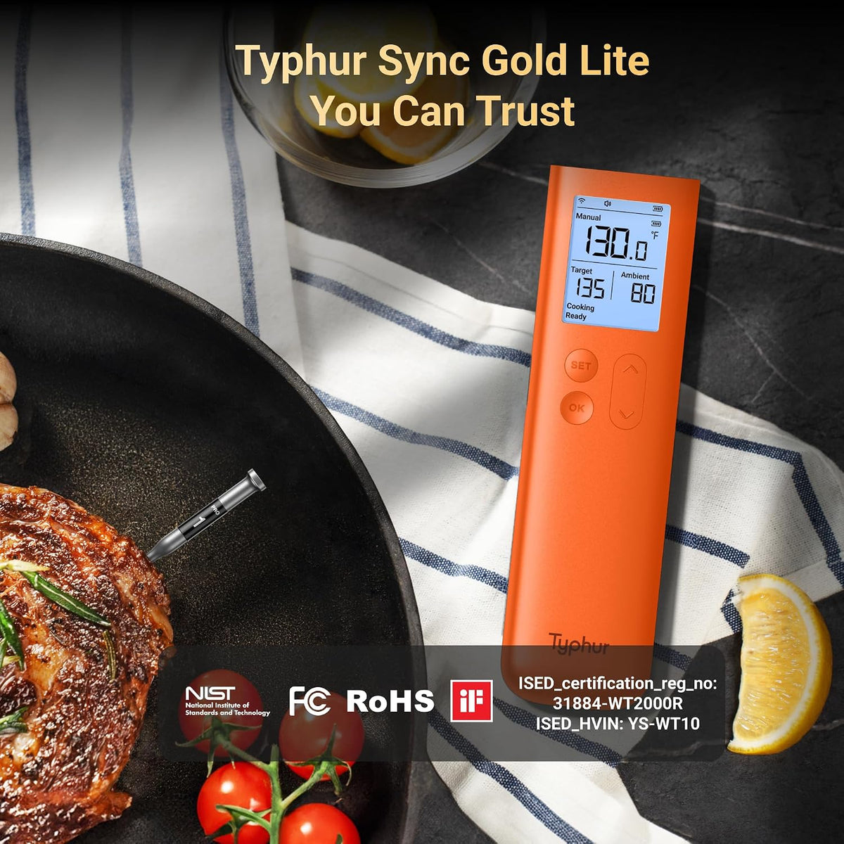 Typhur Sync Gold Gen2 Sub-1G Wireless Meat Thermometer with 6 Sensors & LCD