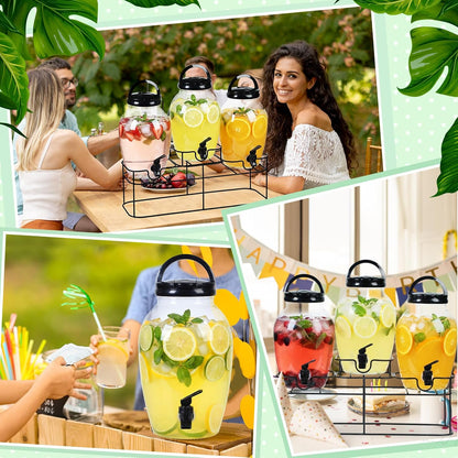 Tanlade 3 Pcs Plastic Drink Dispenser with Spigot and Metal Stand 1.2 Gallon Beverage Dispenser for Parties Juice Dispensers Lemonade Jar with Lids for Cold Drink Tea Water Container