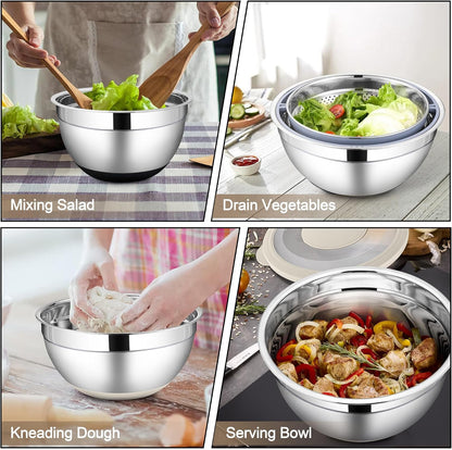 HaWare Mixing Bowl with Colander, 4-1 Stainless Steel Bowl Set with Lids & 3 Pcs Nesting Graters, Rotatable Food Strainer for Rinsing Fruits Vegetables, Non-Slip Bottom, Black