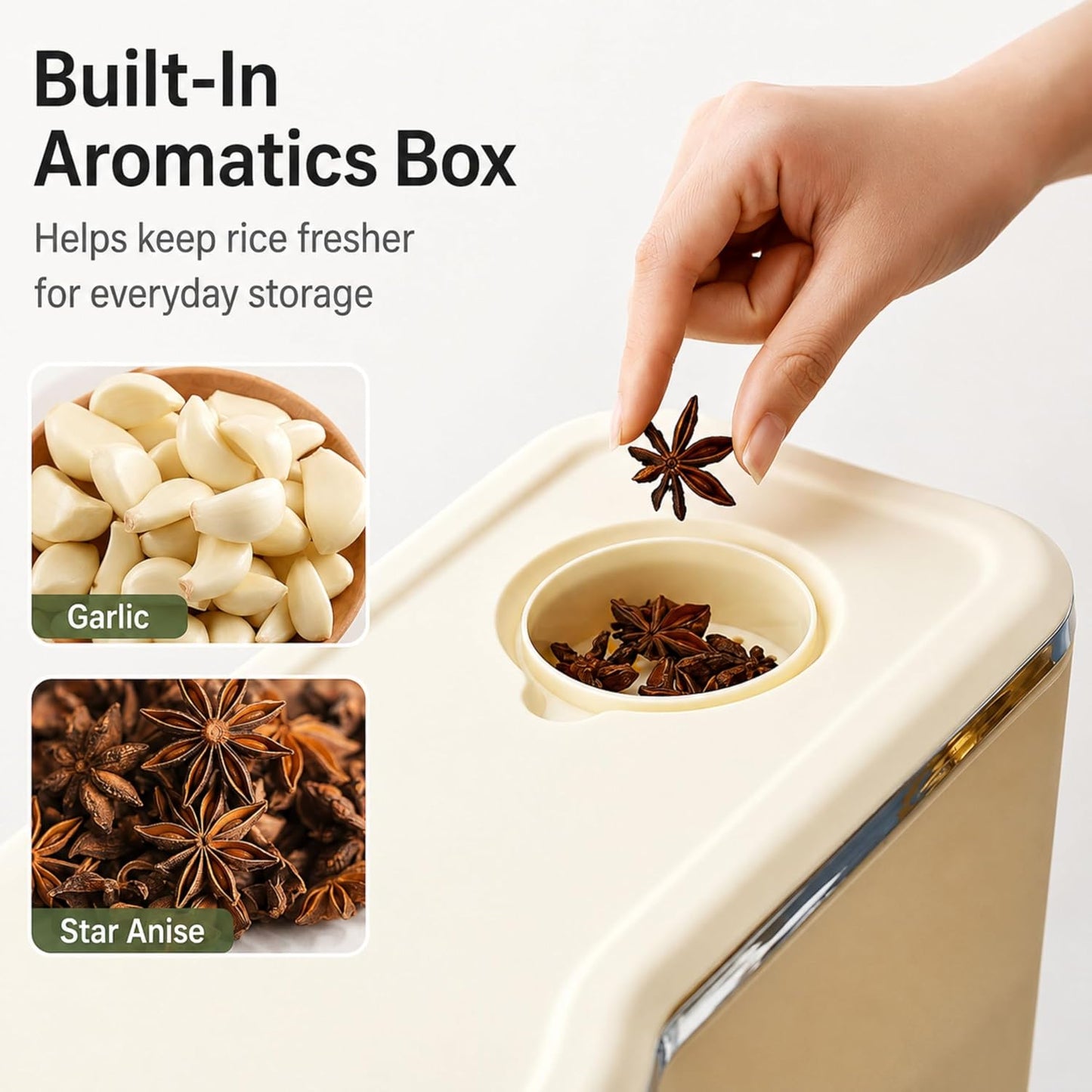 ROOM127 Slim Rice Dispenser 11 Lbs, Airtight Rice Storage Container with Measuring Cup, One-Touch Dry Food & Cereal Dispenser with Clear Window for Kitchen Countertop, Milk Tea Brown