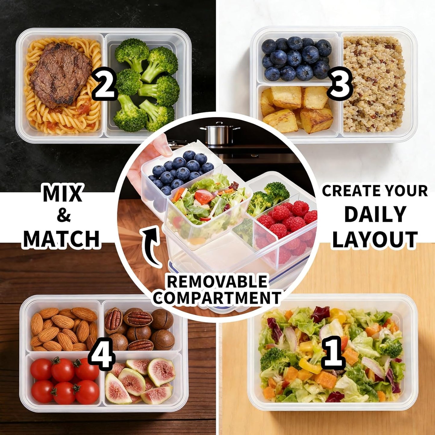 KIGI Airtight Reusable Meal Prep Containers, Leak-Proof & Stackable, 4-Sided Locking Lids, Ideal for Food Storage, Lunch & Leftovers, Microwave, Freezer & Dishwasher Safe, 39 oz, 4.8 Cup, 12 Piece Set