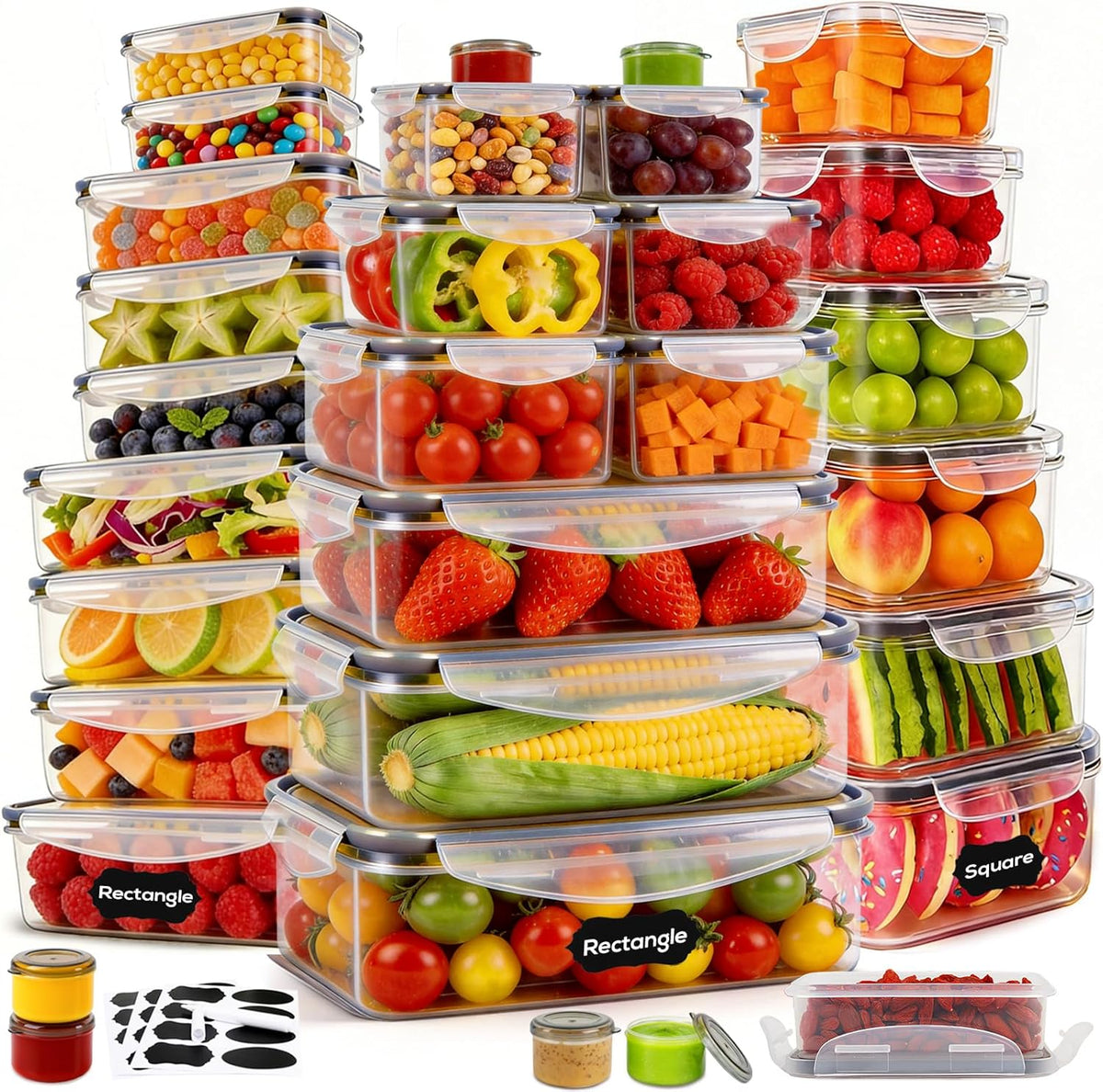 50 PCS Thicker Food Storage Containers with Lids, Clear Stackable Airtight Leakproof Reusable Plastic Meal Prep Container Set for Kitchen Storage/ Lunch, Fridge/ Microwave Safe with Labels&Pen