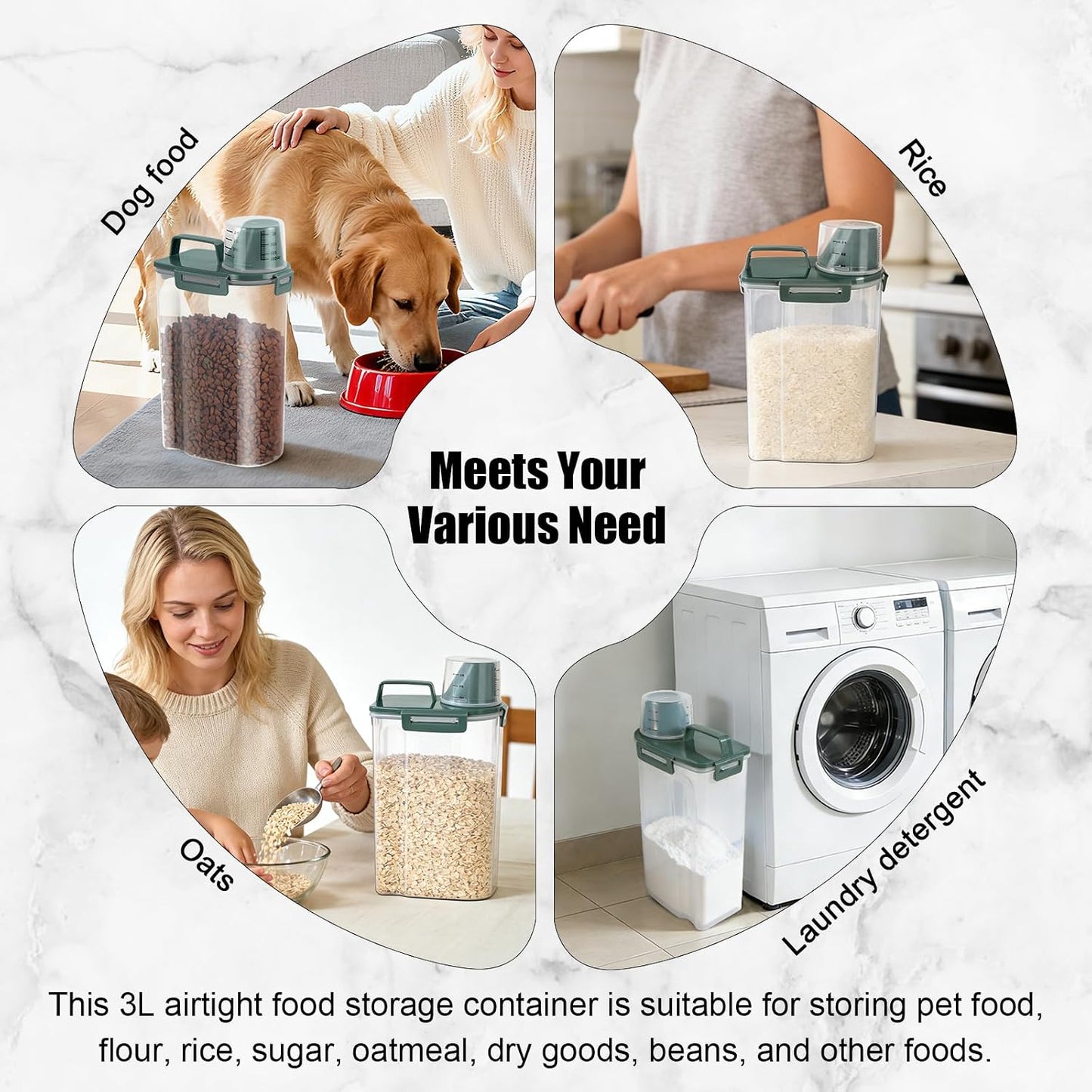 LEAWALK Airtight Small Cat Dog Pet Food Storage Containers BPA Free, with Large Pour Spout/1 Measuring Cup/ 4 Safety Locks and Double-layer Silicone Strip (Olive Gray x 2, 3L-2pack)